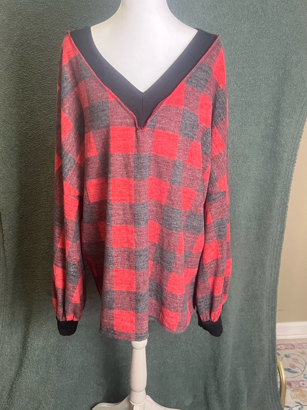 Plaid V-Neck Buffalo Check Sweater in Red and Gray